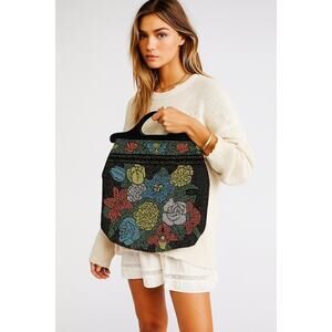 Vintage 1970s LArge Beaded Retro Boho Floral Tote Handbag Purse